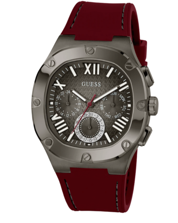 La montre GUESS GW0668L2 pour femme, issue de la collection Mod ID, combine élégance contemporaine et fonctionnalité raffinée. (36) GUESS Mens Burgundy Gunmetal Multi-function Watch GW0571G4