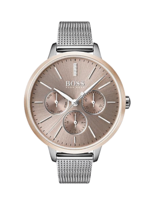Montre Femme HUGO BOSS 1502423 – Collection Symphony, Cadran Or Rose, Bracelet Milanais Argenté, Mouvement Quartz