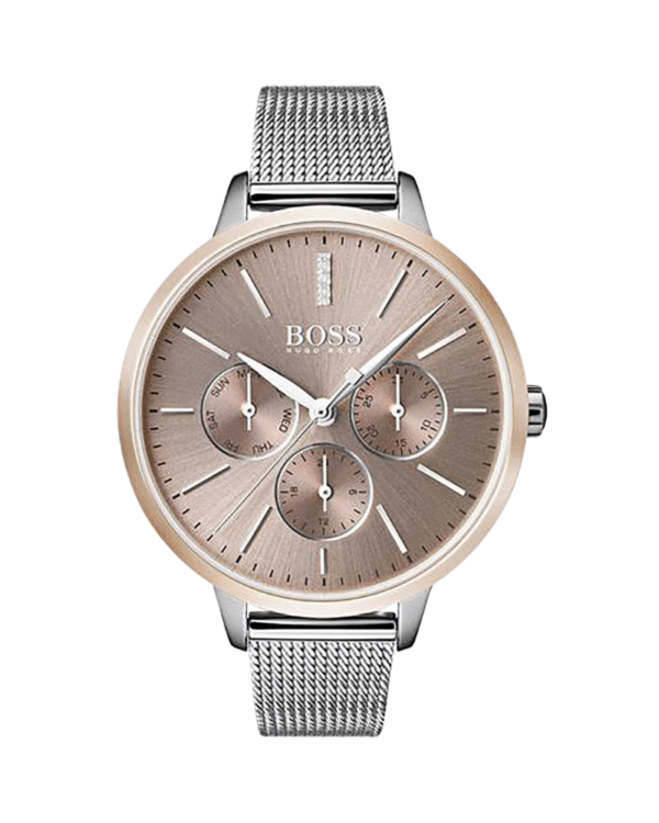 Montre Femme HUGO BOSS 1502423 – Collection Symphony, Cadran Or Rose, Bracelet Milanais Argenté, Mouvement Quartz