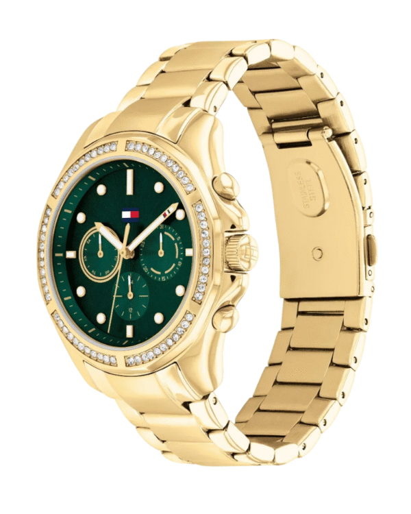 La montre GUESS GW0668L2 pour femme, issue de la collection Mod ID, combine élégance contemporaine et fonctionnalité raffinée. - 2025-06-20T185421.245 Montre Femme Tommy Hilfiger Brooklyn Multifonction Cadran Vert et Bracelet Doré 1782614
