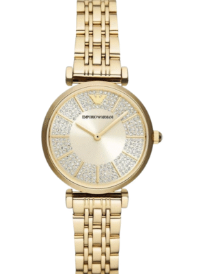 Montre femme Emporio Armani AR11608 – 32 mm acier PVD doré, cadran crème pavé cristaux, bracelet papillon quartz