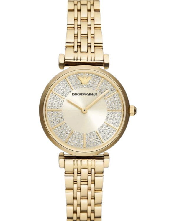 Montre femme Emporio Armani AR11608 – 32 mm acier PVD doré, cadran crème pavé cristaux, bracelet papillon quartz
