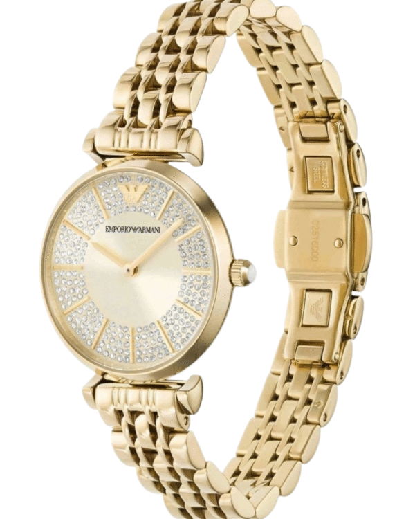 Montre femme Emporio Armani AR11608 – 32 mm acier PVD doré, cadran crème pavé cristaux, bracelet papillon quartz