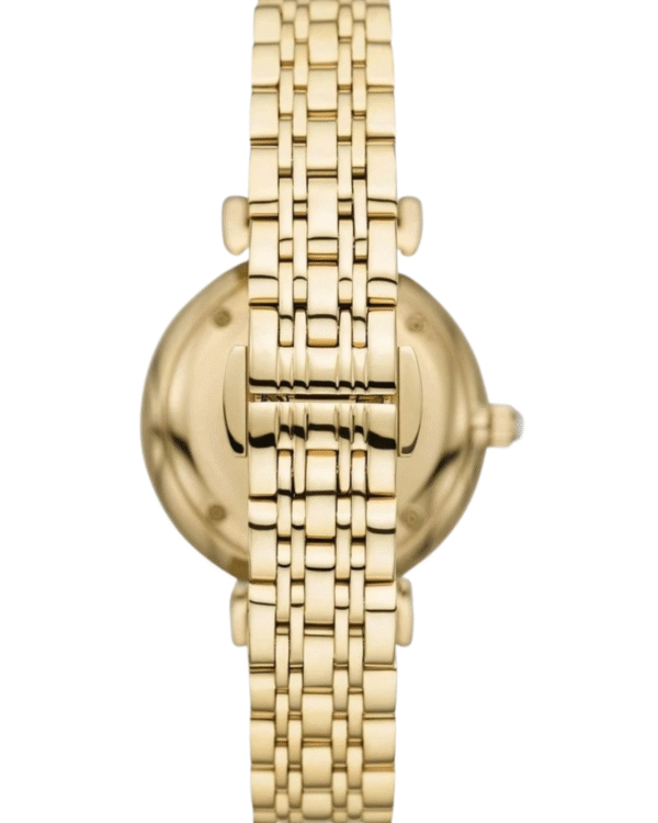 Montre femme Emporio Armani AR11608 – 32 mm acier PVD doré, cadran crème pavé cristaux, bracelet papillon quartz