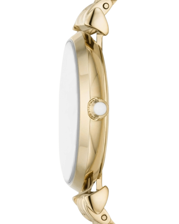 Montre femme Emporio Armani AR11608 – 32 mm acier PVD doré, cadran crème pavé cristaux, bracelet papillon quartz