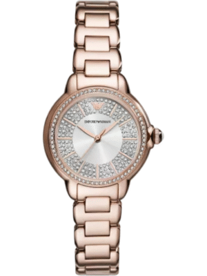 Emporio Armani AR11633 – Montre Femme 32 mm acier or rose, cadran argenté cristaux