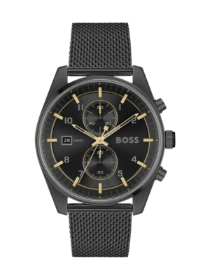 Montre homme Hugo Boss Skytraveller 1514150 – Chronographe noir 44 mm, bracelet acier PVD noir