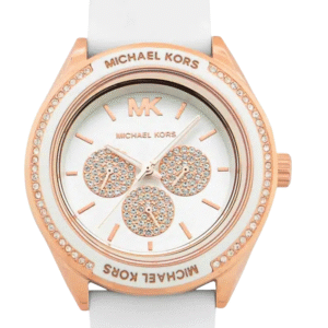 Michael Kors MK6945 – Montre Femme Sport Oversize 40 mm Or Rose & Bracelet Silicone Blanc