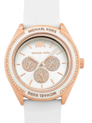 Michael Kors MK6945 – Montre Femme Sport Oversize 40 mm Or Rose & Bracelet Silicone Blanc